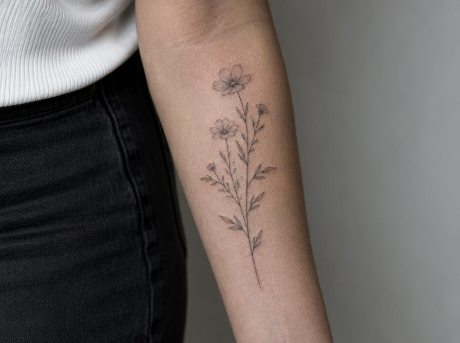 Fine line tattoo example near the left forearm